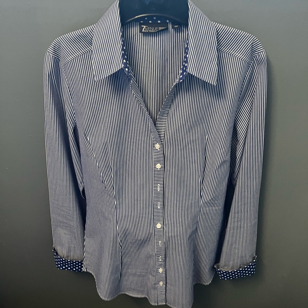 7th Avenue Women's Navy Striped Button Down Shirt with extended polka dot cuff